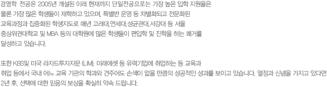 경영학과는 2005년 개설된 이래 현재까지 단일학과로는 가장 높은 입학 지원율은 물론 가장 많은 학생들이 재학하고 있으며, 특별반 운영 등 차별화되고 전문화된 교육과정과 집중화된 학생지도로 매년 고려대,연세대,성균관대,서강대 등 서울 중상위권대학교 및 MBA 등의 대학원에 많은 학생들이 편입학 및 진학을 하는 쾌거를달성하고 있습니다.또한 KBS및 미국 라자드투자자문 (LIM), 미래에셋 등 유력기업에 취업하는 등 교육과 취업 등에서 국내 어느 교육 기관의 학과와 견주어도 손색이 없을 만큼의 성공적인 성과를 보이고 있습니다. 열정과 신념을 가지고 있다면 2년 후, 선택에 대한 믿음의 보상을 확실히 약속 드립니다. 